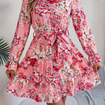 A-Line High Waisted Elasticity Flower Print Pleated Tied Waist Stand Collar Mini Dresses