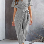 Half Sleeves High Waisted Buttoned Pleated Tied Waist V-Neck Midi Dresses
