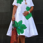 A-Line Loose Flower Print Pleated V-Neck Midi Dresses