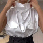Loose Sleeveless Buckle Solid Color Stand Collar Blouses&Shirts Tops