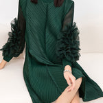 Long Sleeves Loose Embroidered Pleated Solid Color Round-Neck Midi Dresses