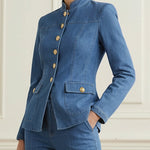 Long Sleeves Buttoned Pockets Solid Color Stand Collar Outerwear