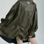 High-Low Long Sleeves Drawstring Pleated Solid Color Stand Collar Mini Dresses