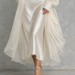 Elegant Women's White Satin And Chiffon Off-the-shoulder Midi Dress With Spaghetti Straps