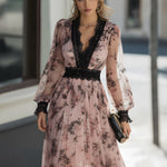 Lace-Trimmed Floral Pleated Midi Dress