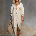 Loose Single-breasted Floral Embroidered Cotton And Linen Long-sleeved Maxi Dress