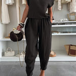 Leva Linen Blend Drawstring Short Sleeve Top and Elastic Waist Pocket Loose Tapered Pants