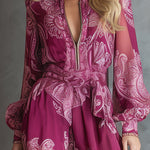 Elegant And Modern Hot Pink Printed Chiffon Long-sleeved Wide-leg Jumpsuit