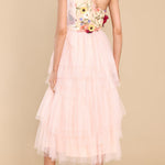 Midnight Garden Embroidered Floral Applique One Shoulder Tiered Tulle Midi Dress