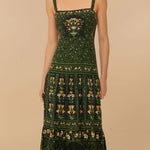 Tropical Look Linen Blend Floral Print Square Neck Back Smocked Midi Dress