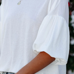 White Solid Color Casual Bubble Sleeve Blouse