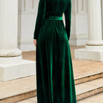 Long Sleeves Wrap Belted Pleated Solid Color Zipper Round-Neck Maxi Dresses