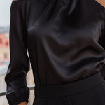 High-Neck Cold-Shoulder Long Sleeve Blouse