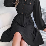 A-line Long Sleeves Buttoned Pleated Solid Color Tied Lapel Midi Dresses Shirt Dress
