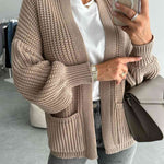 Solid Color V-neck Long-sleeved Casual Knitted Cardigan