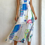 She's The Fun Linen Blend Playful Print Ladder Trim Midi Dress