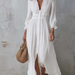 Vintage Cotton Linen Lace-trimmed Shirt Midi Dress