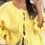 Lace Up Bow Flared Sleeve O-Neck Cardigan Sweater