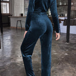 Solid Color Velvet Deep V Belt Slim Jumpsuit