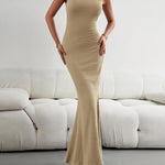 Bodycon Sleeveless Pleated Solid Color Split-Joint Split-Side Round-Neck Maxi Dresses