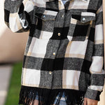 Plaid Snap Button Pocket Fringed Hem Shacket