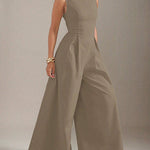 Sleeveless Wide Leg Pleated Solid Color Split-Joint Zipper Round-Neck Jumpsuits