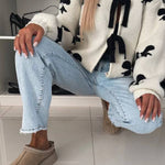 Vernie Knit Jewelry Pendant Bow Pattern Front Tie-up Long Sleeve Loose Cardigan