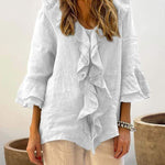 Women's casual ruffle collar cotton and linen tops