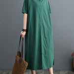 A-Line Loose Chinese Frog Buttons Pockets Solid Color Split-Side V-Neck Midi Dresses