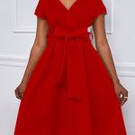 Bowknot Lace-Up Solid Color V-Neck Midi Dresses