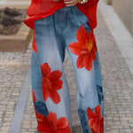 Loose Wide Leg Flower Print Jean Pants Bottoms Trousers