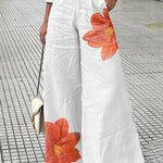 Long Sleeves Wide Leg Floral Printed Split-Joint Pants Trousers