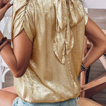 Gold Knot Back Casual Ruched Sleeve Blouse
