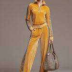 Casual Sporty Retro Leopard Print Trim Yellow Velvet Sweatshirt Wide-Leg Pants Set