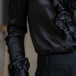 Black Satin Ruffled V-Neck Long Sleeve Blouse