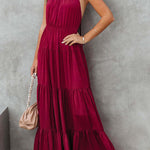 Elegant Halter Neck Tie Striped Pleated Dress