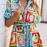 A-Line High Waisted Buttoned Contrast Color Printed Split-Joint Tied Waist Lapel Maxi Dresses Shirt Dress