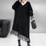 Irregularity Long Sleeves Contrast Color Sequined Shiny Split-Joint Tasseled V-Neck Midi Dresses Sweater Dresses