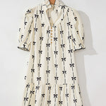 A-Line Loose Bowknot Contrast Color Printed Split-Joint Stand Collar Midi Dresses