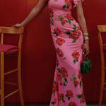 Cheongsam Style Rose Floral Print Tiered Flare Sleeve Stretch Maxi Dress
