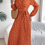 A-Line High Waisted Elasticity Pleated Polka-Dot Split-Joint Tied Waist V-Neck Midi Dresses Shirt Dress