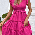Loose Sleeveless Ruffle Trim Solid Color Split-Joint Deep V-Neck Mini Dresses