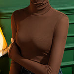 Long Sleeves Plus Size See-Through Solid Color Split-Joint High Neck T-Shirts