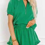 Women's Casual Half-zip Top and Ruffle Shorts Set