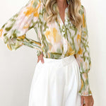 V-neck cardigan lantern sleeve shirt fashionable women's tops