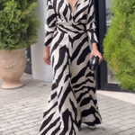 Long Sleeves Wide Leg Split-Joint Tied Waist Zebra Printed Lapel Jumpsuits