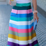 A-Line Loose Belted Contrast Color Split-Joint Striped Skirts Bottoms