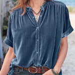 Velvet Solid Short Sleeve Round Neck Single Breasted Shirt