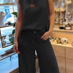 Cotton and linen solid color sleeveless trousers two-piece suit
