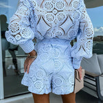 Radiant Blessings Eyelet Crochet Lace Blouse and Shorts Set